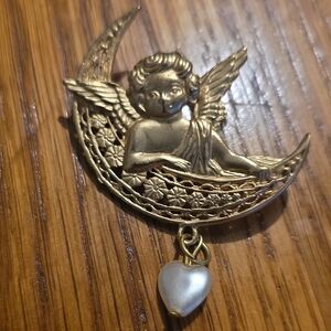 Gold Angel Moon Brooch with Dangling Heart Charm Celestial Love Theme